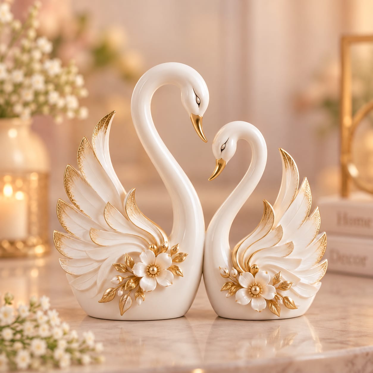 White and gold swan ornaments with floral detailing on a marble tabletop