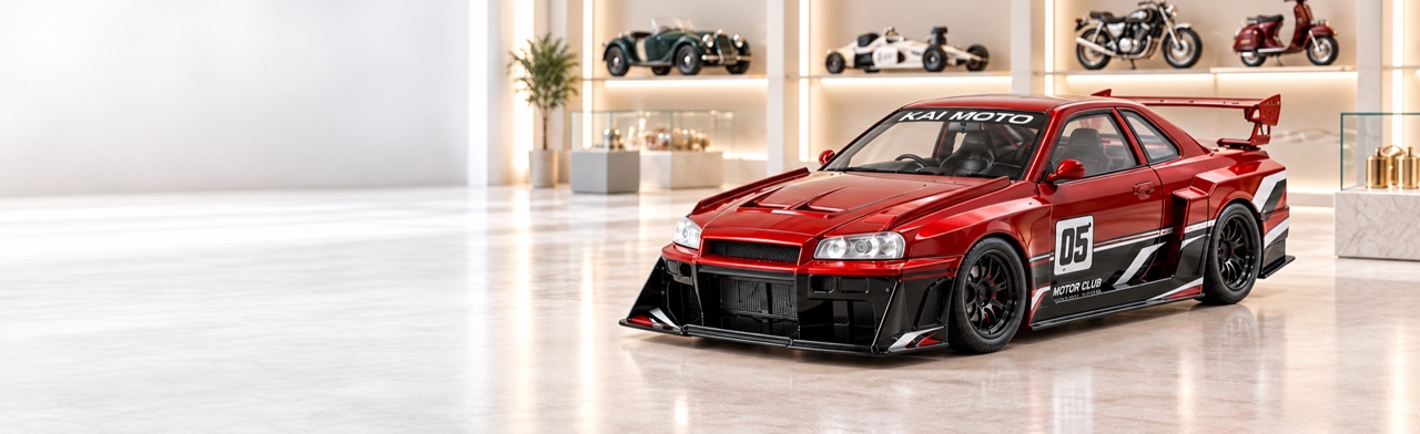 Kai Moto red tuner car with racing livery in a bright collector gallery