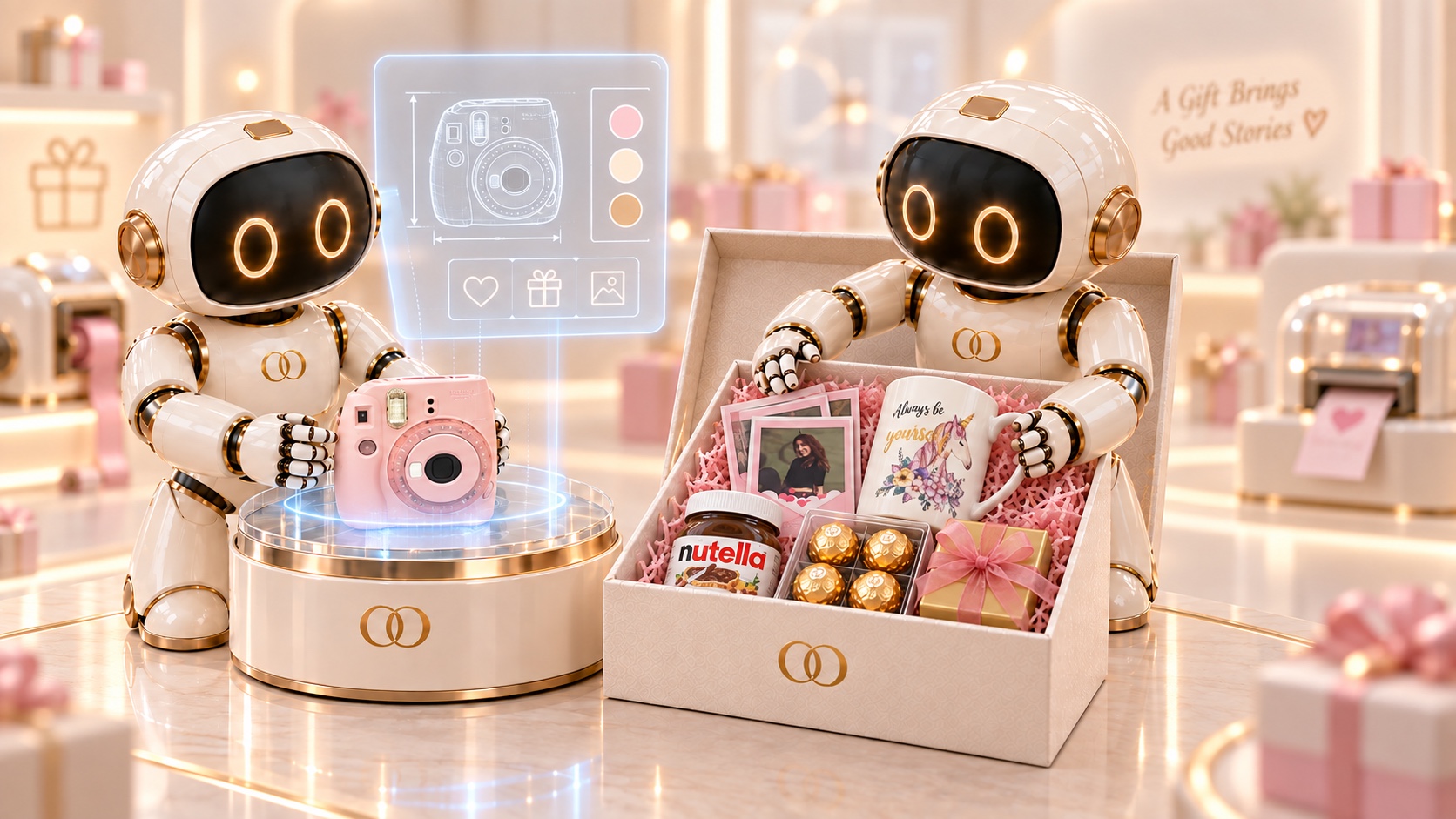 Two registered OO robots scan a pink instant camera and arrange a personalised birthday hamper