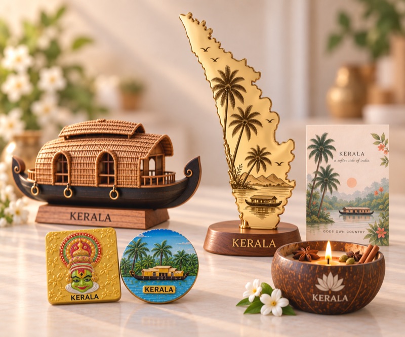 Kerala houseboat souvenir, gold Kerala map, magnets and coconut-shell candle