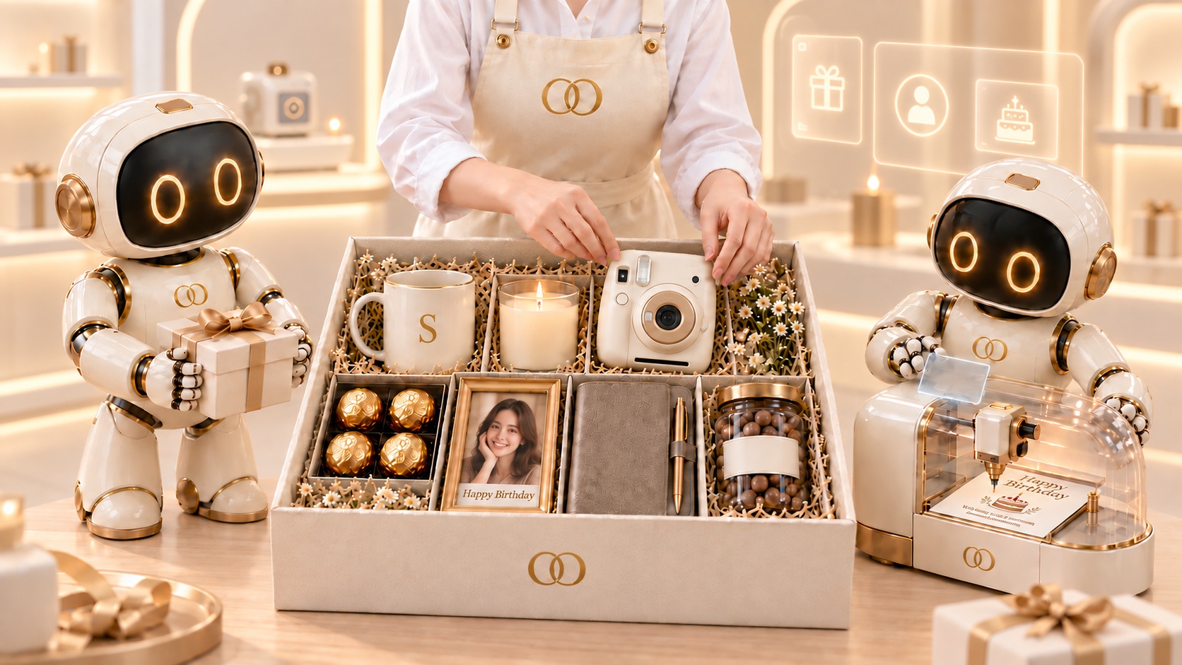 Young Angroos studio assistant and two OO robots building a birthday hamper in a clean futuristic gifting studio
