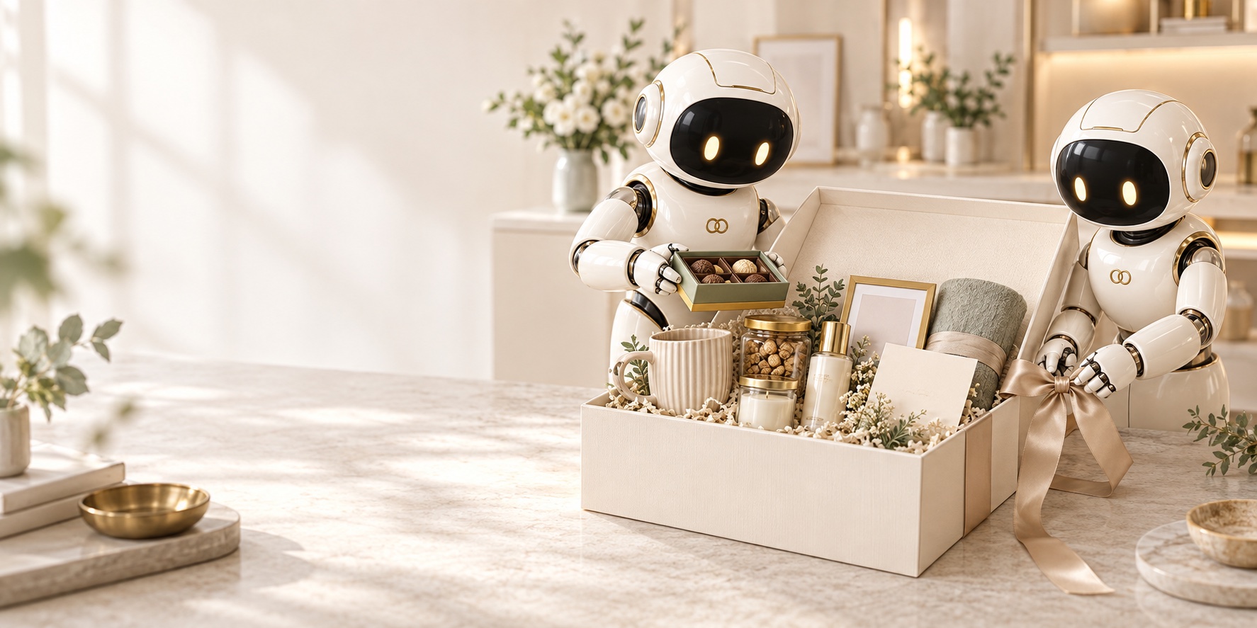Two ivory-and-gold OO robots curate gifts and tie a champagne ribbon around an open personalised Angroos hamper.